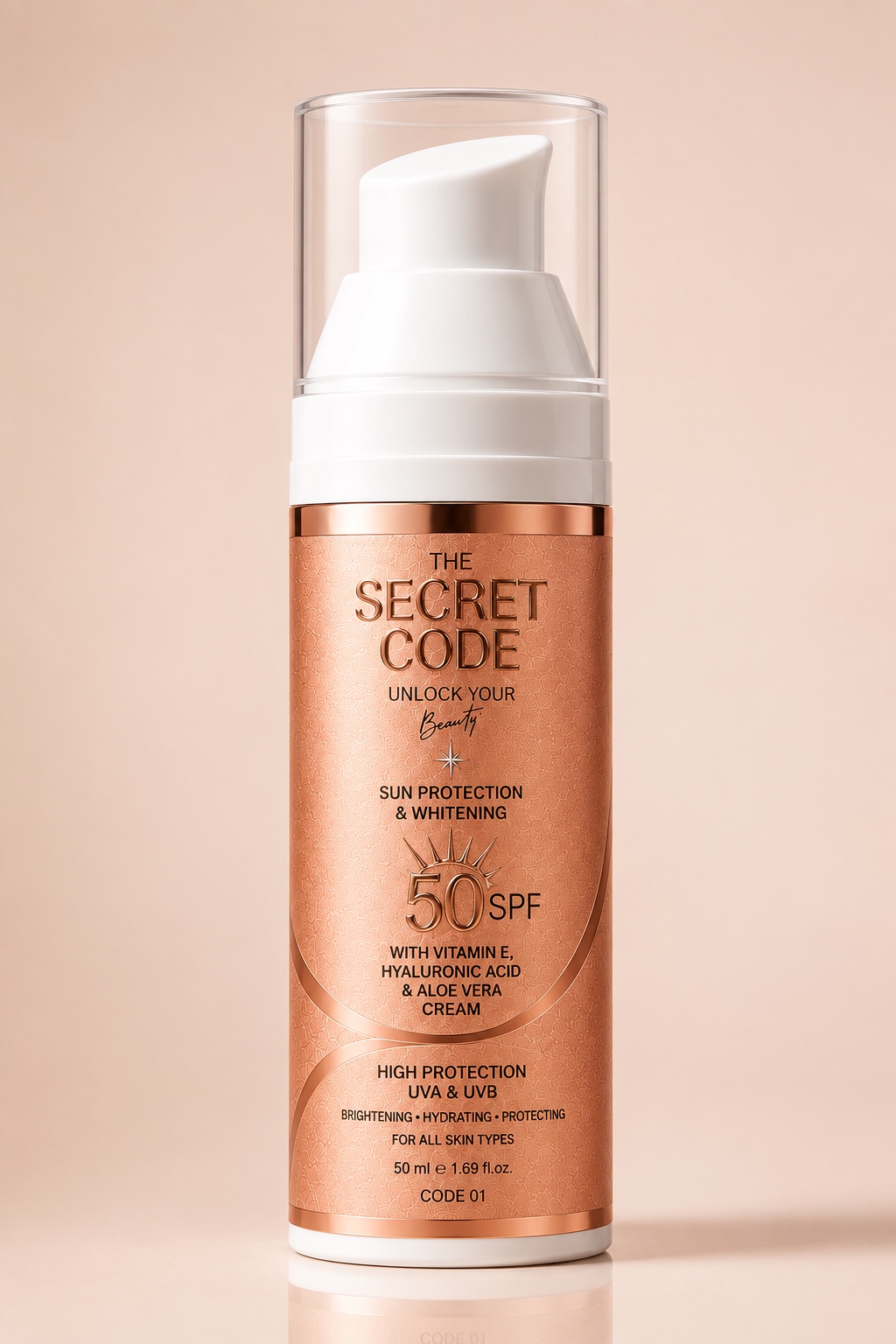 The Secret Code Sun Protection SPF 50+ in a rose-gold 50 ml pump bottle.