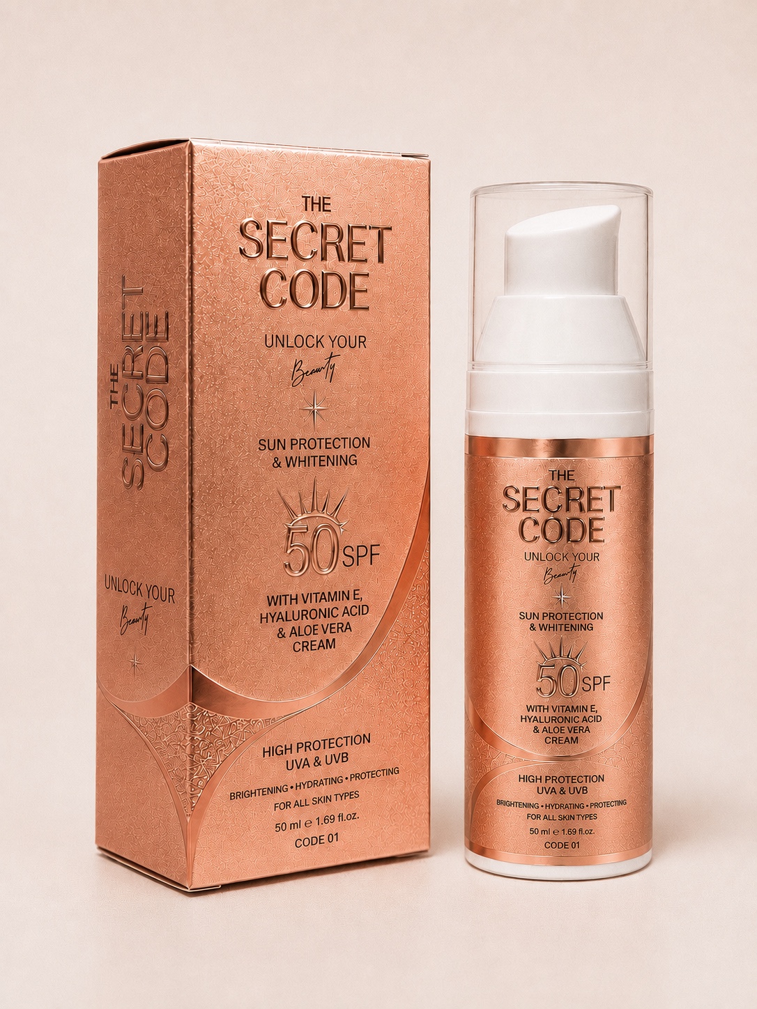 The Secret Code Sun Protection SPF 50+ in a rose-gold 50 ml pump bottle.