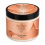 The Secret Code Natural Body Scrub in a rose-gold 350 g jar, shown closed and open to reveal its texture.